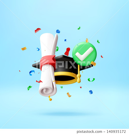 3D Graduation cap with diploma and check mark 140935172