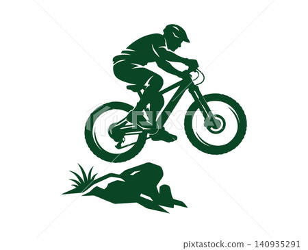 Mountain Biker Jumping Over Rocky Trail Mountain Biker Jumping Over Rocky Trail 140935291