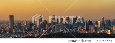A panoramic view of Shinjuku Gyoen National Garden and the skyscrapers of Shinjuku at dusk. A panoramic view of Shinjuku Gyoen National Garden and the skyscrapers of Shinjuku at dusk. 140935363