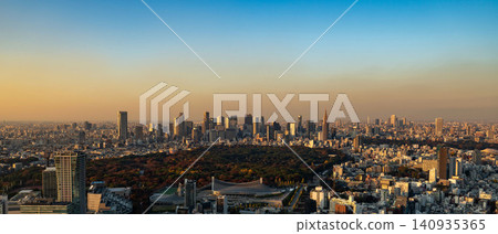 A panoramic view of Shinjuku Gyoen National Garden and the skyscrapers of Shinjuku at dusk. A panoramic view of Shinjuku Gyoen National Garden and the skyscrapers of Shinjuku at dusk. 140935365