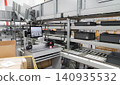packing line in a logistics warehouse. conveyor belt in a modern production line. Pallet racking 140935532
