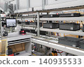 packing line in a logistics warehouse. conveyor belt in a modern production line. Pallet racking 140935533