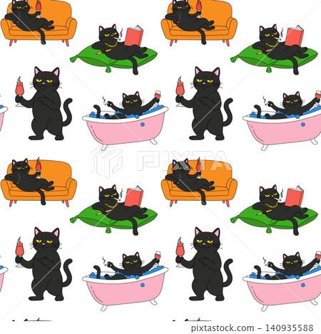 Funny Black Cat Drinking Wine and Smoking Pattern 140935588