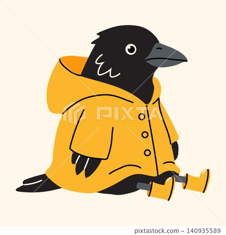 Cute Crow Wearing Yellow Raincoat Illustration Cute Crow Wearing Yellow Raincoat Illustration 140935589