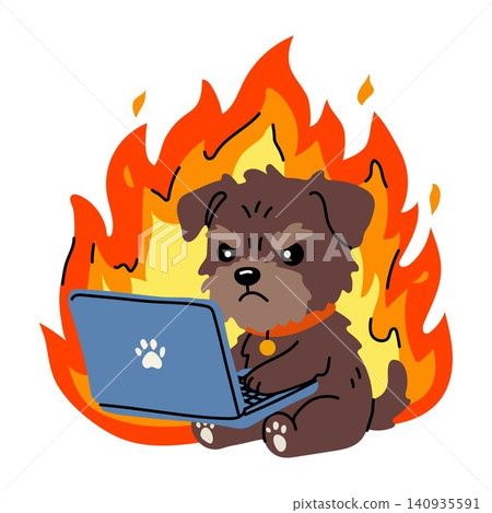 Stressed Cartoon Dog with Laptop and Fire Illustration Stressed Cartoon Dog with Laptop and Fire Illustration 140935591