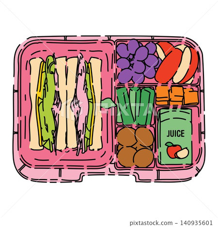 Colorful Kids Lunch Box with Sandwiches and Juice Colorful Kids Lunch Box with Sandwiches and Juice 140935601