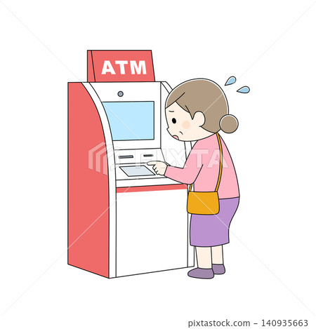 A color illustration of a woman having trouble using an ATM. A color illustration of a woman having trouble using an ATM. 140935663