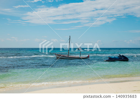 Beautiful sandy beach over picturesque sea bay lagoon. 140935683