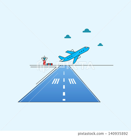 Flat vector illustration of an airplane taking off from an airport runway 140935892