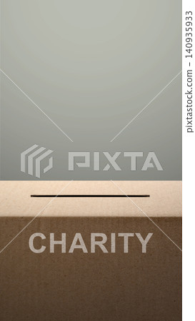 Close-up of a brown cardboard charity donation box with a slot on top and the word CHARITY printed on the front, set against a neutral grey background Close-up of a brown cardboard charity donation box with a slot on top and the word CHARITY printed on the front, set against a neutral grey background 140935933