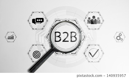 Minimalist concept of B2B business-to-business strategy, showing magnifying glass focusing on B2B acronym surrounded by business icons representing teamwork, growth, target and gears Minimalist concept of B2B business-to-business strategy, showing magnifying glass focusing on B2B acronym surrounded by business icons representing teamwork, growth, target and gears 140935957