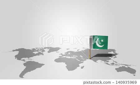 Pakistan flag pinned on a stylized gray world map background, representing global presence and geopolitics Pakistan flag pinned on a stylized gray world map background, representing global presence and geopolitics 140935969