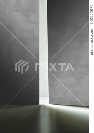 Abstract shot of bright light shining through a narrow gap between massive textured concrete walls, creating a sense of hope or transition 140935973