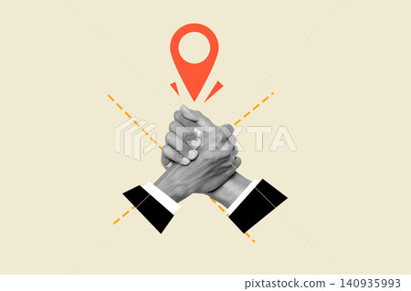 Modern collage art of two businessmen shaking hands firmly with a red map pointer location pin icon above, representing local business partnership and successful meeting Modern collage art of two businessmen shaking hands firmly with a red map pointer location pin icon above, representing local business partnership and successful meeting 140935993