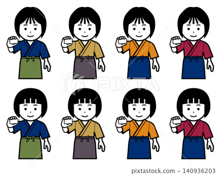 Icon of a woman in a samue (traditional Japanese work clothes) and apron holding a card. Icon of a woman in a samue (traditional Japanese work clothes) and apron holding a card. 140936203