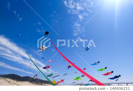 Vibrant, colorful kites soar high in a brilliant blue sky above a sunny beach. This dynamic wideangle shot captures the joyful essence of a summer festival, ideal for active lifestyle media. 140936251
