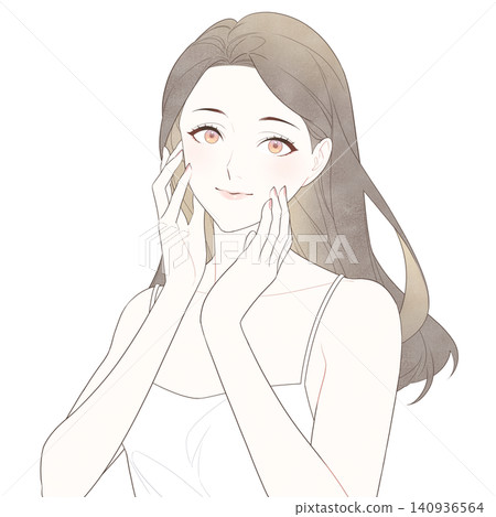 一位女性正在進行護膚的插圖（直視鏡頭）。 140936564