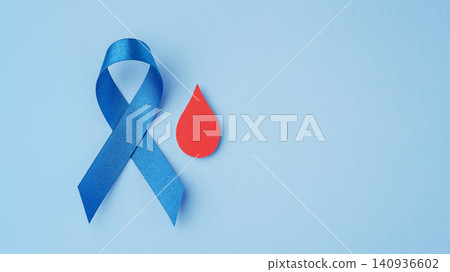 Blue ribbon with red blood drop on blue background with copy space, World Diabetes Day concept Blue ribbon with red blood drop on blue background with copy space, World Diabetes Day concept 140936602
