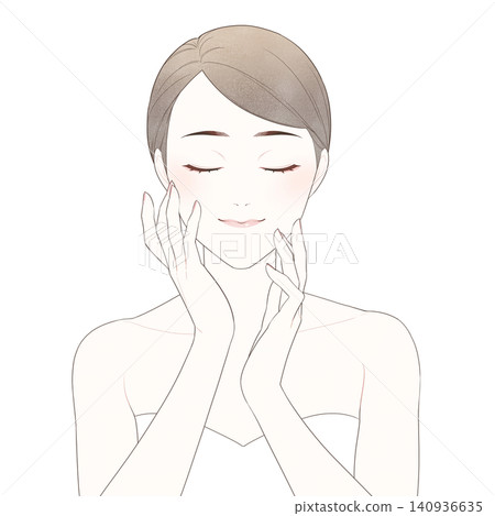一幅描繪女性閉著眼睛進行護膚的插圖。 一幅描繪女性閉著眼睛進行護膚的插圖。 140936635