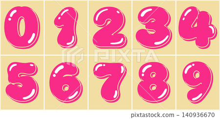 A set of vector graphics featuring numbers 0-9 with a pink bubble-like effect. A set of vector graphics featuring numbers 0-9 with a pink bubble-like effect. 140936670