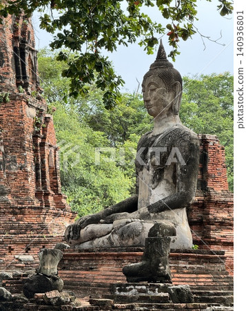 Ancient Seated Sandstone Buddha Statue At Wat Mahathat Complex. 140936801