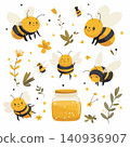 vector cartoon bee and honey jar, dipper with bee 140936907