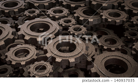 Industrial Metal Gears In Endless Mechanical Motion 3d render. Industrial Metal Gears In Endless Mechanical Motion 3d render. 140937035