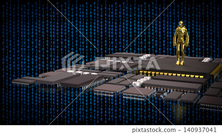 Golden Humanoid Robot On Digital Data Stage 3d render. Golden Humanoid Robot On Digital Data Stage 3d render. 140937041
