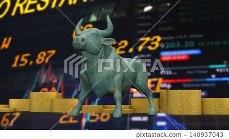 Bull Market Growth Concept with Gold Coins and Trading Screen 3d render. Bull Market Growth Concept with Gold Coins and Trading Screen 3d render. 140937043