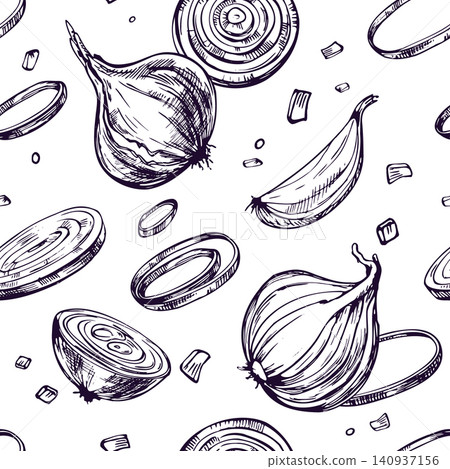 Hand drawn ink illustration of onion set as continuous pattern. Organic vegetable sketch in engraving style. Culinary ingredient, healthy food concept for menu or kitchen background design. Hand drawn ink illustration of onion set as continuous pattern. Organic vegetable sketch in engraving style. Culinary ingredient, healthy food concept for menu or kitchen background design. 140937156