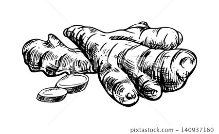 Ginger root with fresh slices hand drawn in pen and ink style. Detailed botanical illustration of organic food ingredient. Isolated sketch for culinary design and kitchen recipe. Ginger root with fresh slices hand drawn in pen and ink style. Detailed botanical illustration of organic food ingredient. Isolated sketch for culinary design and kitchen recipe. 140937160