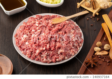 chinese Dumpling Filling Ingredients, Ground Pork Preparation with Seasonings chinese Dumpling Filling Ingredients, Ground Pork Preparation with Seasonings 140937164