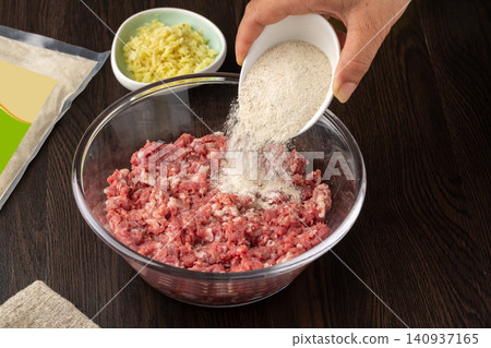 mixing Pork Dumpling Filling with Seasonings and Aromatics mixing Pork Dumpling Filling with Seasonings and Aromatics 140937165