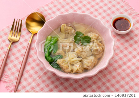 chinese Three Fresh Wontons in Light Broth, Traditional Dumpling Soup 140937201