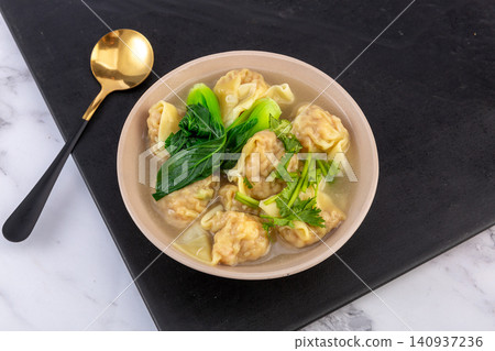 cantonese Wontons in Light Broth, Traditional Chinese Dumpling Soup 140937236