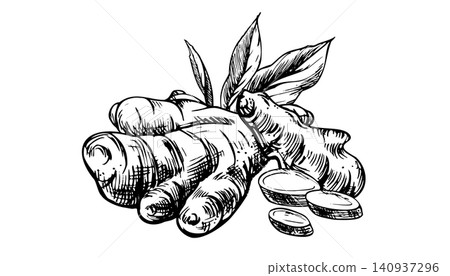 Ginger root with leaves and sliced pieces. Hand drawn ink illustration in engraving style. Natural herbal ingredient for healthy cooking, tea and medicine. Botanical culinary sketch. Ginger root with leaves and sliced pieces. Hand drawn ink illustration in engraving style. Natural herbal ingredient for healthy cooking, tea and medicine. Botanical culinary sketch. 140937296