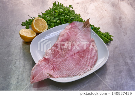 Slice of skate on a white plate with parsley and lemon 140937439