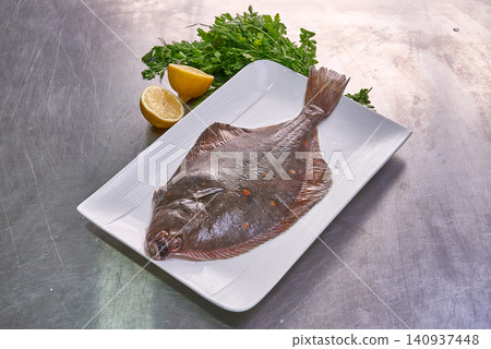 Flounder or plaice fish on a white plate with parsley and lemon Flounder or plaice fish on a white plate with parsley and lemon 140937448
