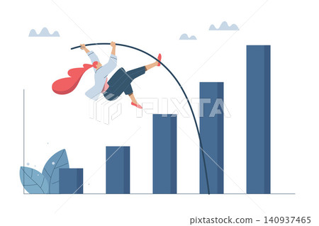 A business growing exponentially, The high success of the organization, Rapid recovery of a company, Financial success concept, Female leader or businesswoman pole vaulting over growth bar graph. A business growing exponentially, The high success of the organization, Rapid recovery of a company, Financial success concept, Female leader or businesswoman pole vaulting over growth bar graph. 140937465