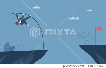 Overcoming difficulties, Overcome great obstacles, Challenges to achieve business goals, Step up to growth, Businessman pole vault over cliff gaps to success. Vector design illustration. Overcoming difficulties, Overcome great obstacles, Challenges to achieve business goals, Step up to growth, Businessman pole vault over cliff gaps to success. Vector design illustration. 140937467