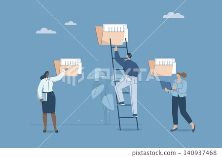 Document management, office files, Business documents, Information storage concept. Business men and women work to store various important documents. Vector design illustration. Document management, office files, Business documents, Information storage concept. Business men and women work to store various important documents. Vector design illustration. 140937468
