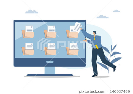 Document management, office files, Business documents, Information storage concept. Businessman stores various important documents on the computer. Vector design illustration. Document management, office files, Business documents, Information storage concept. Businessman stores various important documents on the computer. Vector design illustration. 140937469