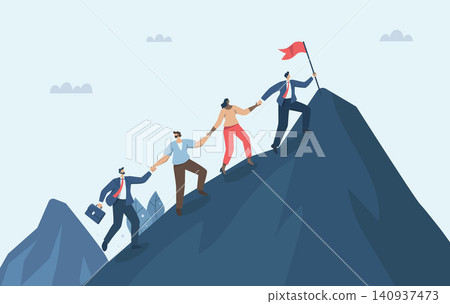 Teamwork of business people, Unity of employees, Difficulties in overcoming success in business, Business team climbs to the top of the mountain, overcomes difficulties and achieves goals. Vector. 140937473