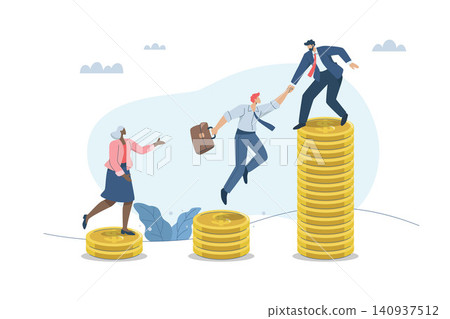 Business assistance, Team friendship, Support or mentoring for business success, Businessman stands on stacked gold coins and helps pull friends up to the bottom. Vector design illustration. Business assistance, Team friendship, Support or mentoring for business success, Businessman stands on stacked gold coins and helps pull friends up to the bottom. Vector design illustration. 140937512
