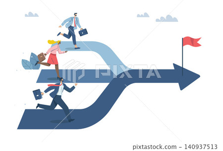 The path of business, Creating opportunities and competition, Three businessmen run on the three race track to compete for a single exit. Vector design illustration. The path of business, Creating opportunities and competition, Three businessmen run on the three race track to compete for a single exit. Vector design illustration. 140937513