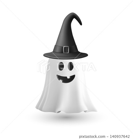 Vector 3d White Ghost with Black Witch Hat, Isolated. Cute Simple White Ghost Vector Illustration. Halloween Ghost Character with Wizard Hat and Floating Sheet. Design Template for Halloween Vector 3d White Ghost with Black Witch Hat, Isolated. Cute Simple White Ghost Vector Illustration. Halloween Ghost Character with Wizard Hat and Floating Sheet. Design Template for Halloween 140937642
