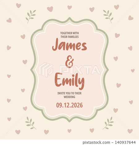Wedding Invitation Card Template, Vector Illustration. Romantic Wedding Invitation with Heart Pattern, Ornamental Frame for Save the Date Cards, Bridal Stationery, Wedding Invitation Design 140937644