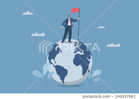 International business growth and expansion, Global business success, Global success development, International victory, Businessman holding a victory flag standing on globe. Vector illustration. International business growth and expansion, Global business success, Global success development, International victory, Businessman holding a victory flag standing on globe. Vector illustration. 140937661