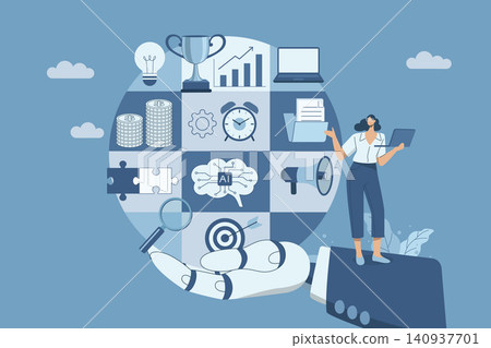 Business management and project development concept, Working with artificial intelligence, AI applications supporting corporate business, Business organization and analysis, Business symbols vector. Business management and project development concept, Working with artificial intelligence, AI applications supporting corporate business, Business organization and analysis, Business symbols vector. 140937701