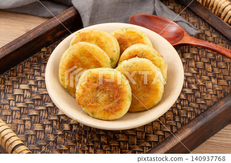 pan fried cod fish cakes savory seafood patties traditional Asian appetizer pan fried cod fish cakes savory seafood patties traditional Asian appetizer 140937768